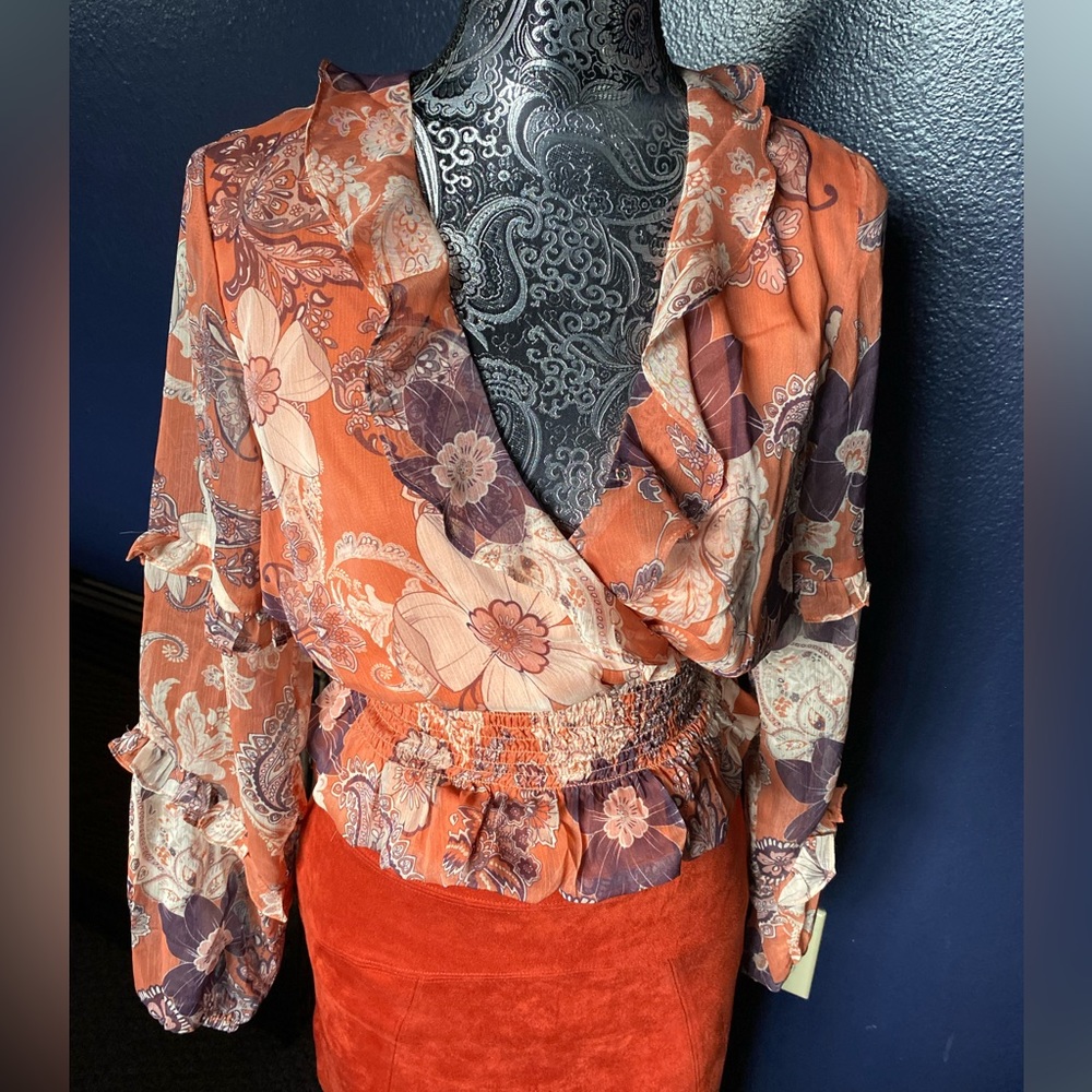 Y2K KOKO & MASON RUST DEEP V NECK AND RUFFLE BLOUSE M NWOT